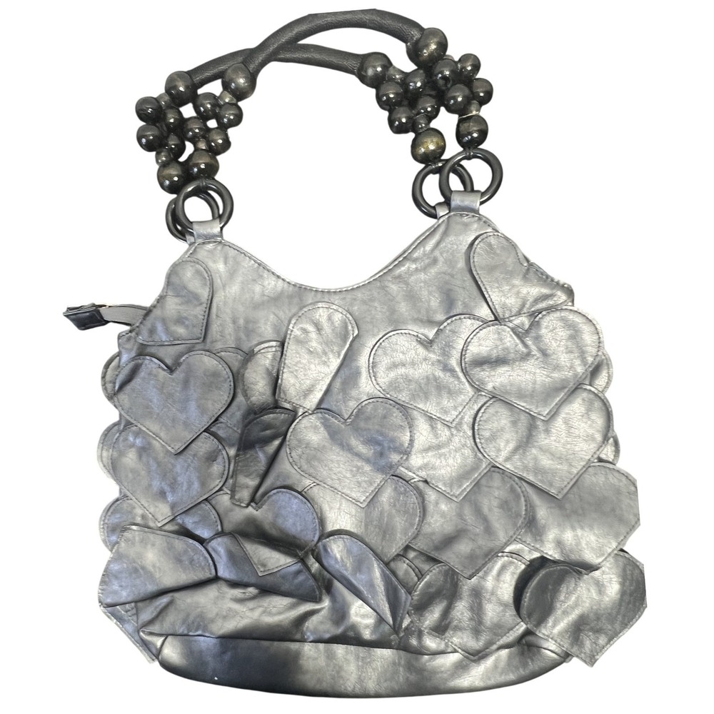 Delicious Black Faux Leather Heart Applique Beaded Handle Hobo Shoulder Bag